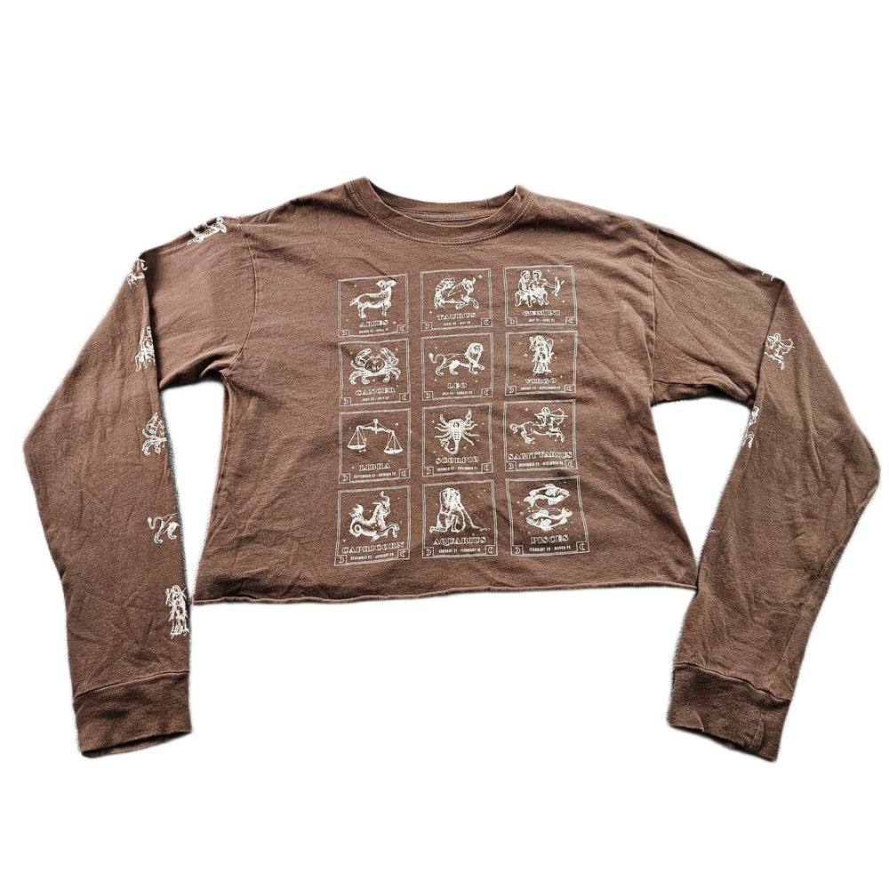 Cold Crush Crop Top Womens XS Brown Zodiac Signs Graphic Long‎ Sleeve Astrology